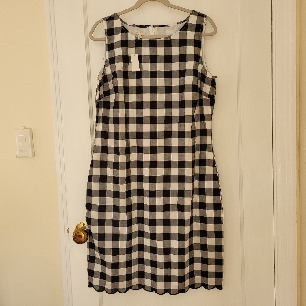 Talbots Check Print Dress Scallop Size 12 Black&White Sleeveless Cotton Pockets
